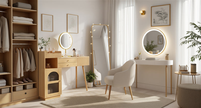 Coiffeuse moderne effet bois avec un miroir LED d&