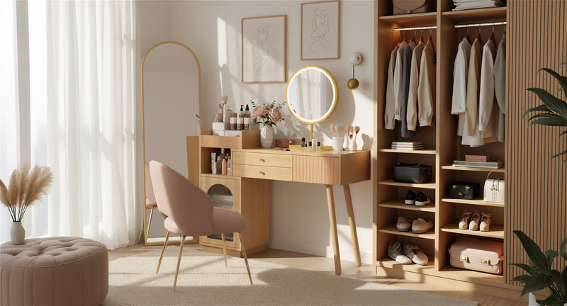 Coiffeuse moderne effet bois avec un miroir LED d&