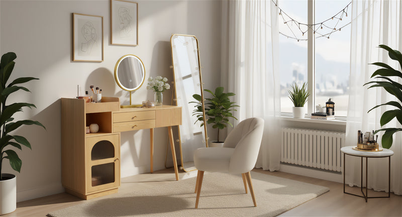 Coiffeuse moderne effet bois avec un miroir LED d&