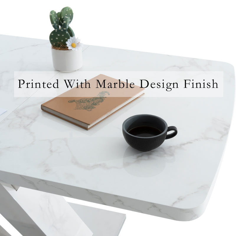 Table de salle à manger rectangulaire extensible 120-160cm, effet marbre blanc imprimé avec pied en forme X INFOCHEM