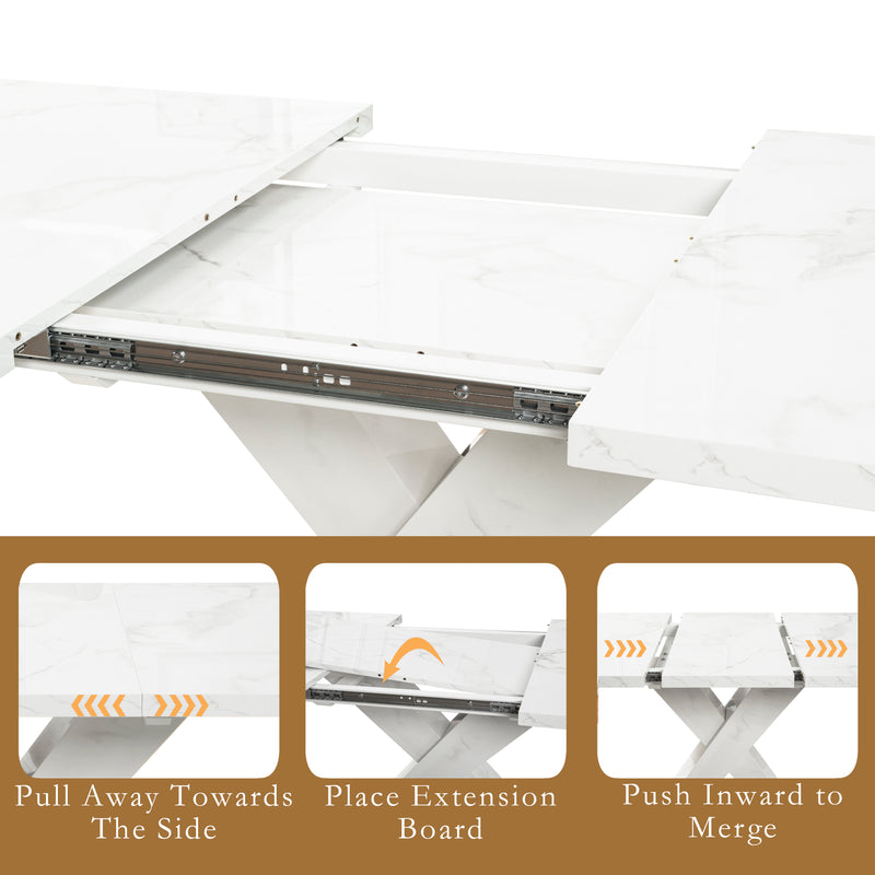 Table de salle à manger rectangulaire extensible 120-160cm, effet marbre blanc imprimé avec pied en forme X INFOCHEM