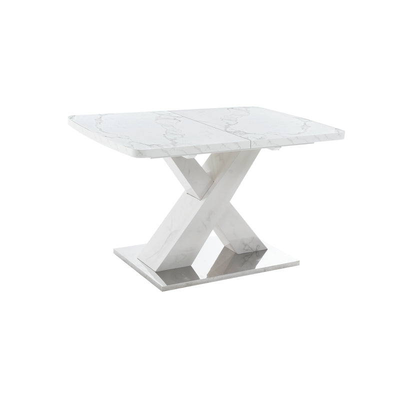 Table de salle à manger rectangulaire extensible 120-160cm, effet marbre blanc imprimé avec pied en forme X INFOCHEM