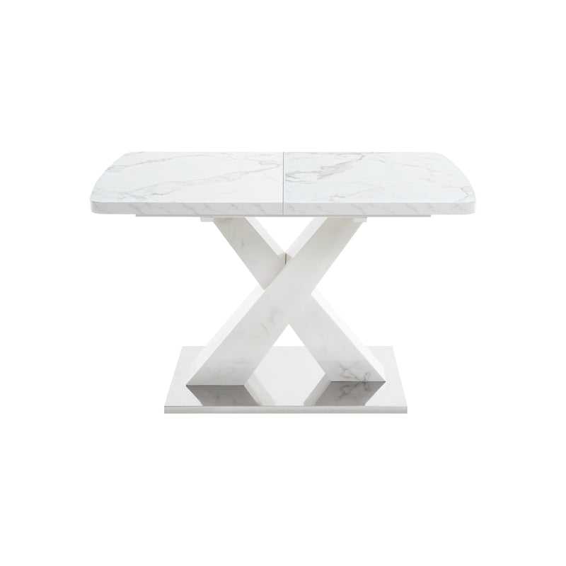 Table de salle à manger rectangulaire extensible 120-160cm, effet marbre blanc imprimé avec pied en forme X INFOCHEM