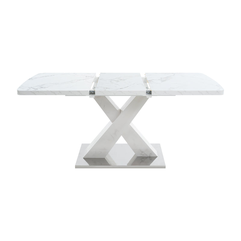 Table de salle à manger rectangulaire extensible 120-160cm, effet marbre blanc imprimé avec pied en forme X INFOCHEM