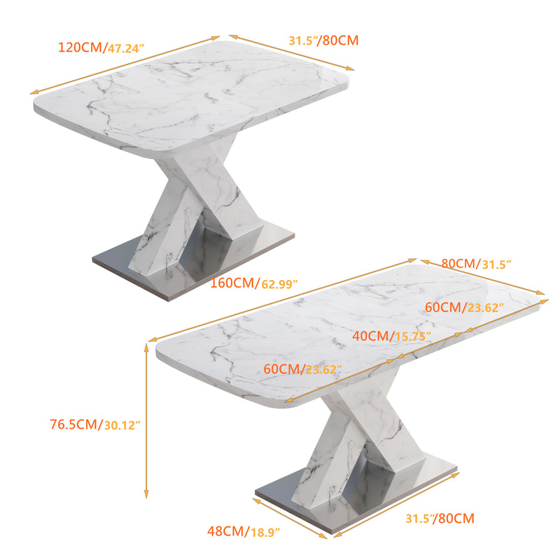 Table de salle à manger rectangulaire extensible 120-160cm, effet marbre blanc imprimé avec pied en forme X INFOCHEM