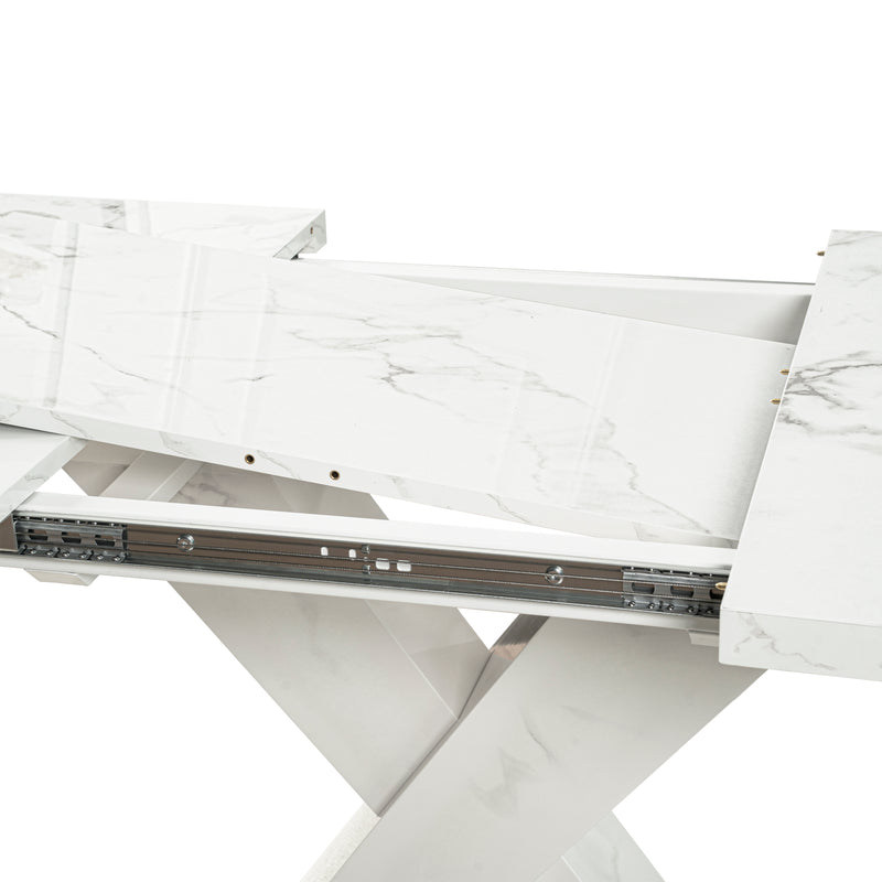 Table de salle à manger rectangulaire extensible 120-160cm, effet marbre blanc imprimé avec pied en forme X INFOCHEM