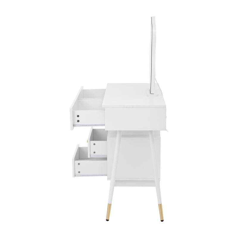 Coiffeuse modulable blanche avec miroir LED, 4 tiroirs et chevet lumineuse (sans tabouret) INNOVAT