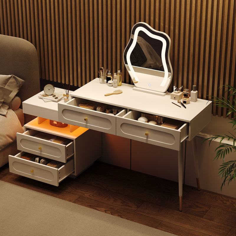 Coiffeuse modulable blanche avec miroir LED, 4 tiroirs et chevet lumineuse (sans tabouret) INNOVAT