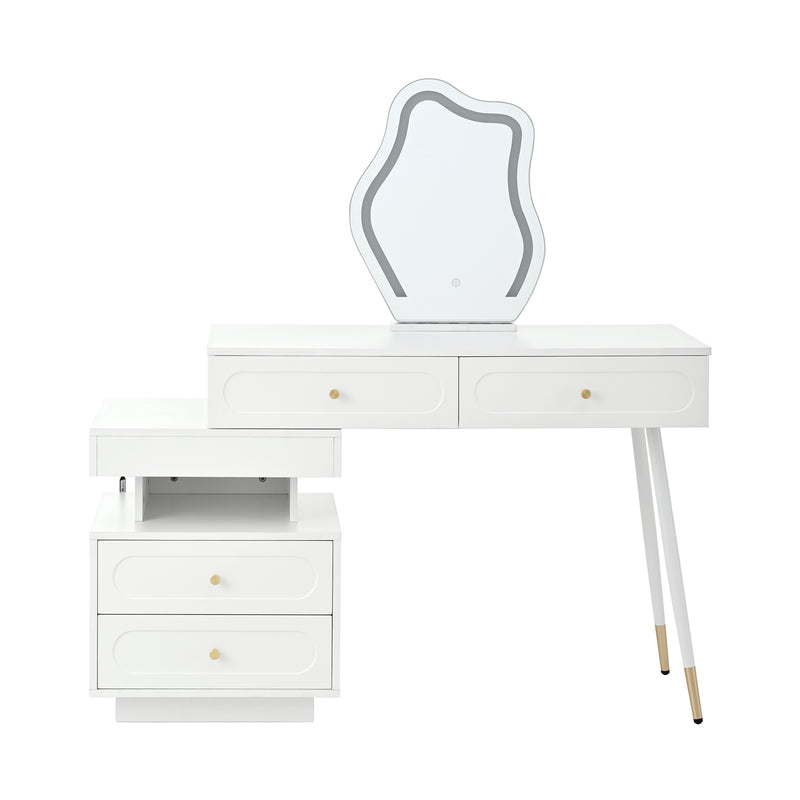 Coiffeuse modulable blanche avec miroir LED, 4 tiroirs et chevet lumineuse (sans tabouret) INNOVAT