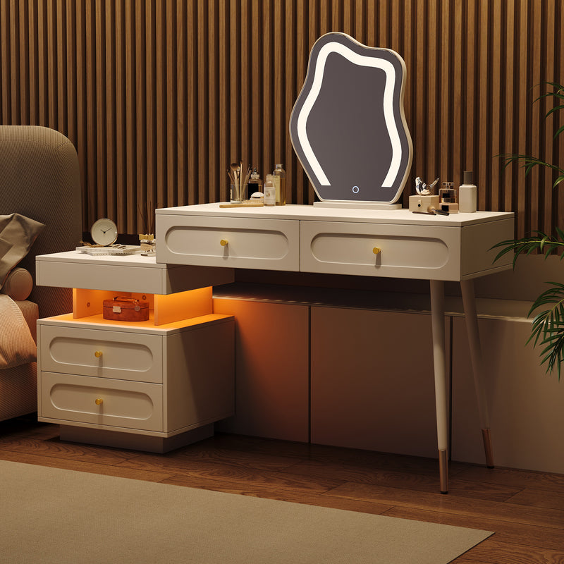 Coiffeuse modulable blanche avec miroir LED, 4 tiroirs et chevet lumineuse (sans tabouret) INNOVAT