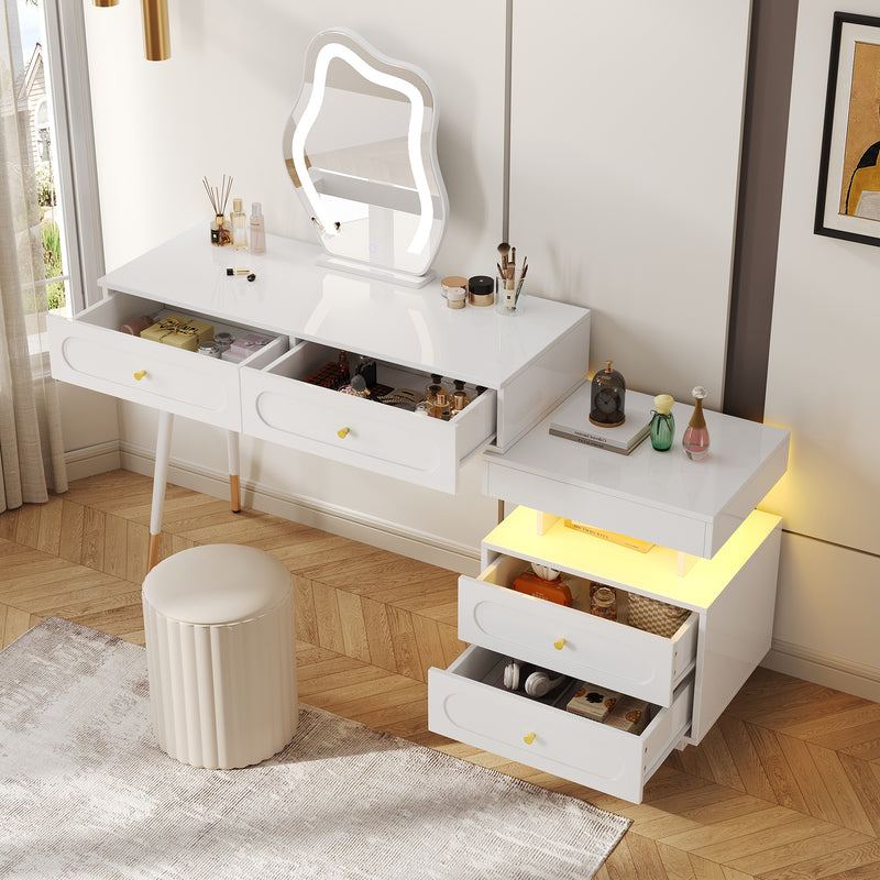 Coiffeuse modulable blanche avec miroir LED, 4 tiroirs et chevet lumineuse (sans tabouret) INNOVAT