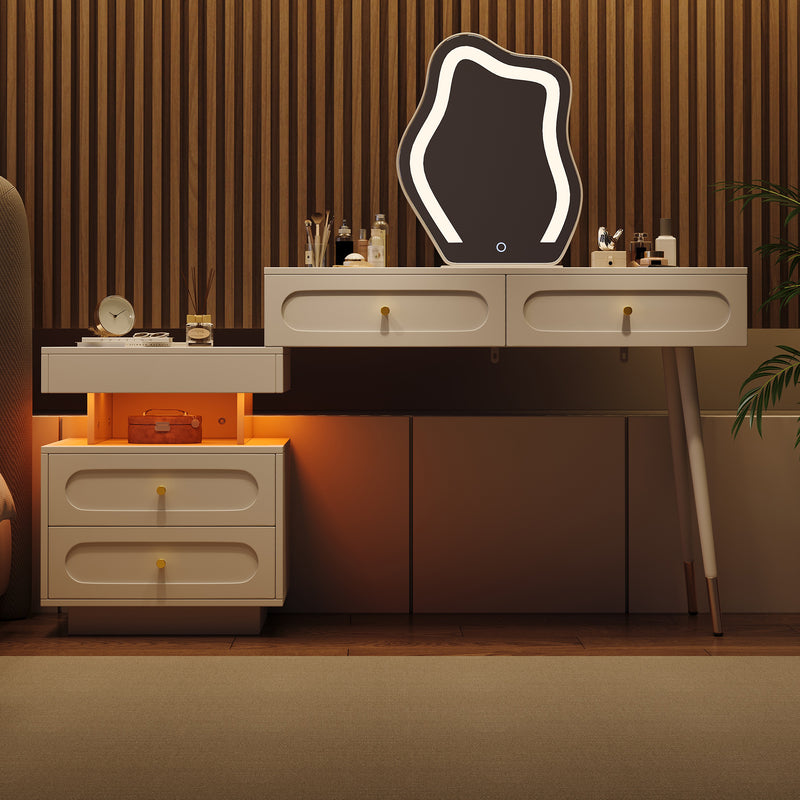 Coiffeuse modulable blanche avec miroir LED, 4 tiroirs et chevet lumineuse (sans tabouret) INNOVAT