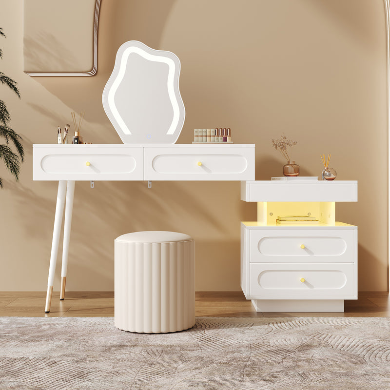 Coiffeuse modulable blanche avec miroir LED, 4 tiroirs et chevet lumineuse (sans tabouret) INNOVAT