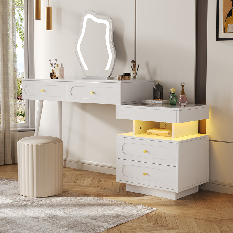Coiffeuse modulable blanche avec miroir LED, 4 tiroirs et chevet lumineuse (sans tabouret) INNOVAT