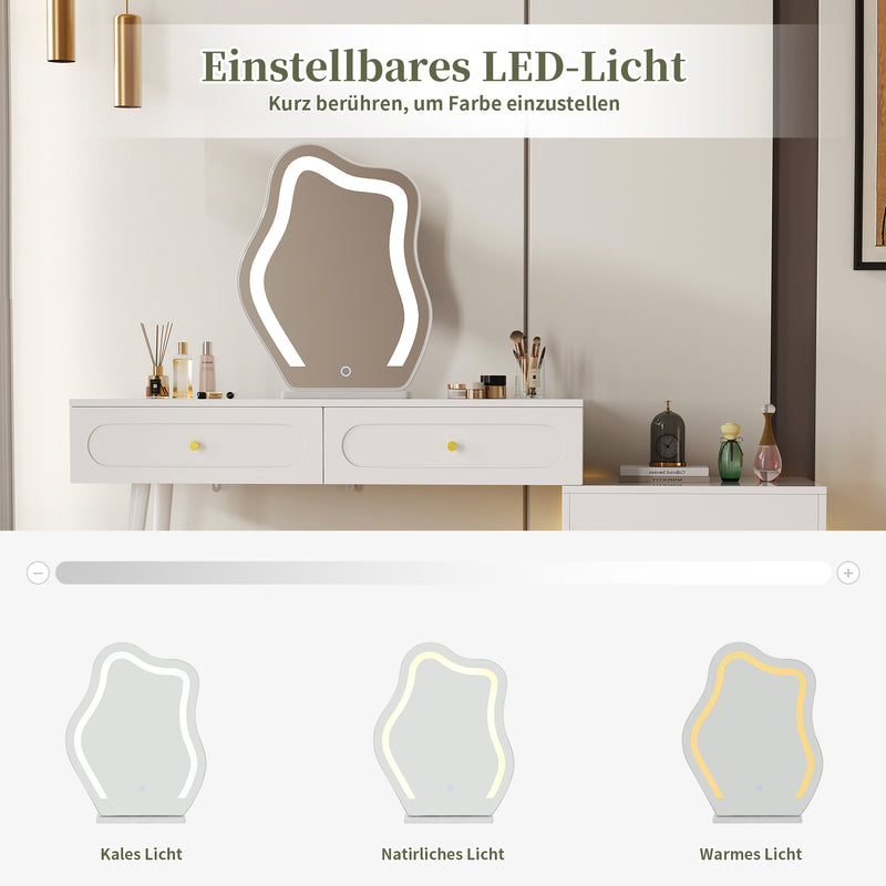 Coiffeuse modulable blanche avec miroir LED, 4 tiroirs et chevet lumineuse (sans tabouret) INNOVAT