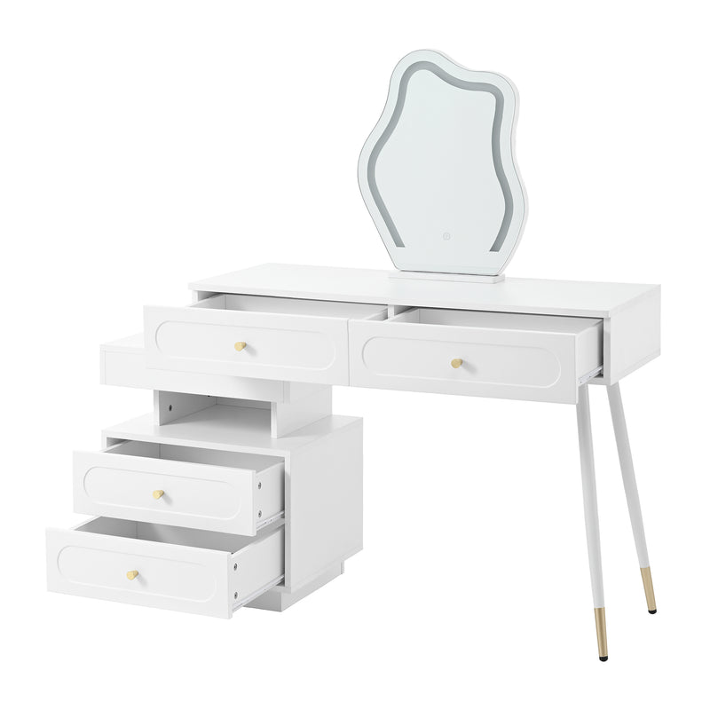 Coiffeuse modulable blanche avec miroir LED, 4 tiroirs et chevet lumineuse (sans tabouret) INNOVAT