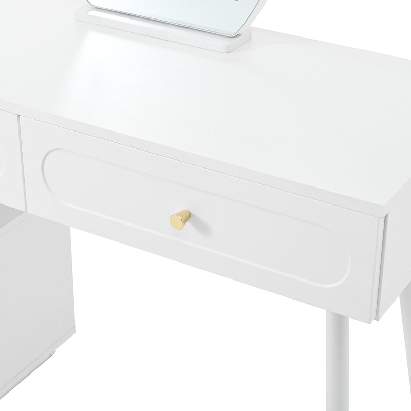 Coiffeuse modulable blanche avec miroir LED, 4 tiroirs et chevet lumineuse (sans tabouret) INNOVAT