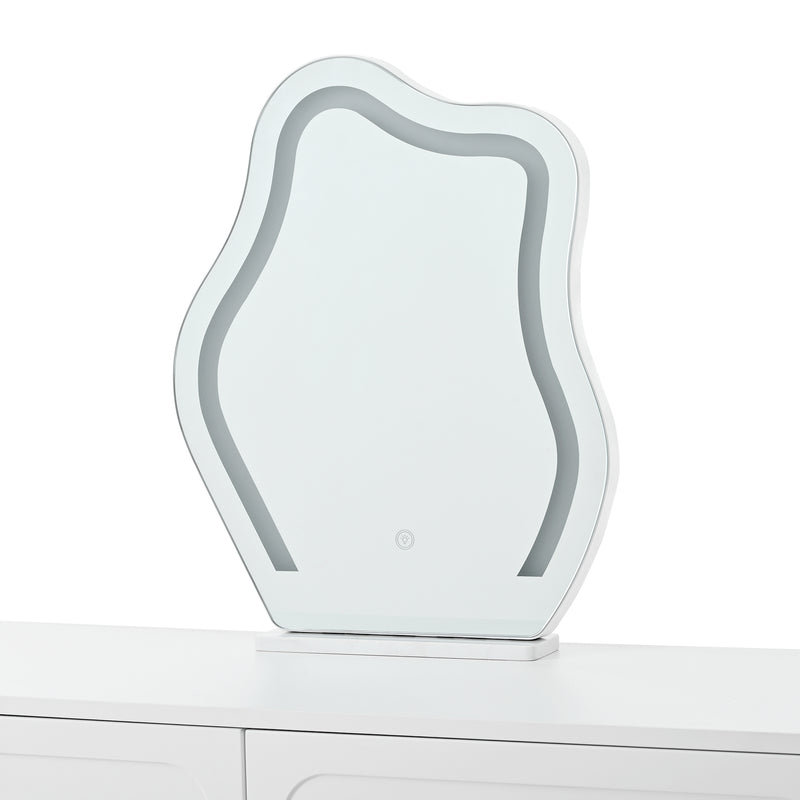 Coiffeuse modulable blanche avec miroir LED, 4 tiroirs et chevet lumineuse (sans tabouret) INNOVAT