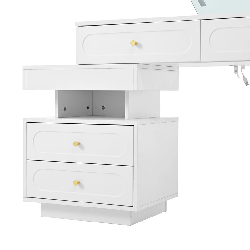 Coiffeuse modulable blanche avec miroir LED, 4 tiroirs et chevet lumineuse (sans tabouret) INNOVAT