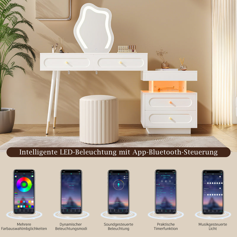 Coiffeuse modulable blanche avec miroir LED, 4 tiroirs et chevet lumineuse (sans tabouret) INNOVAT