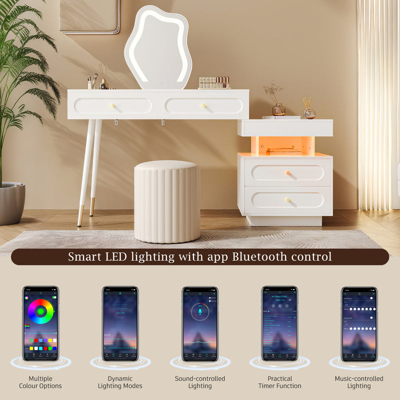 Coiffeuse modulable blanche avec miroir LED, 4 tiroirs et chevet lumineuse (sans tabouret) INNOVAT
