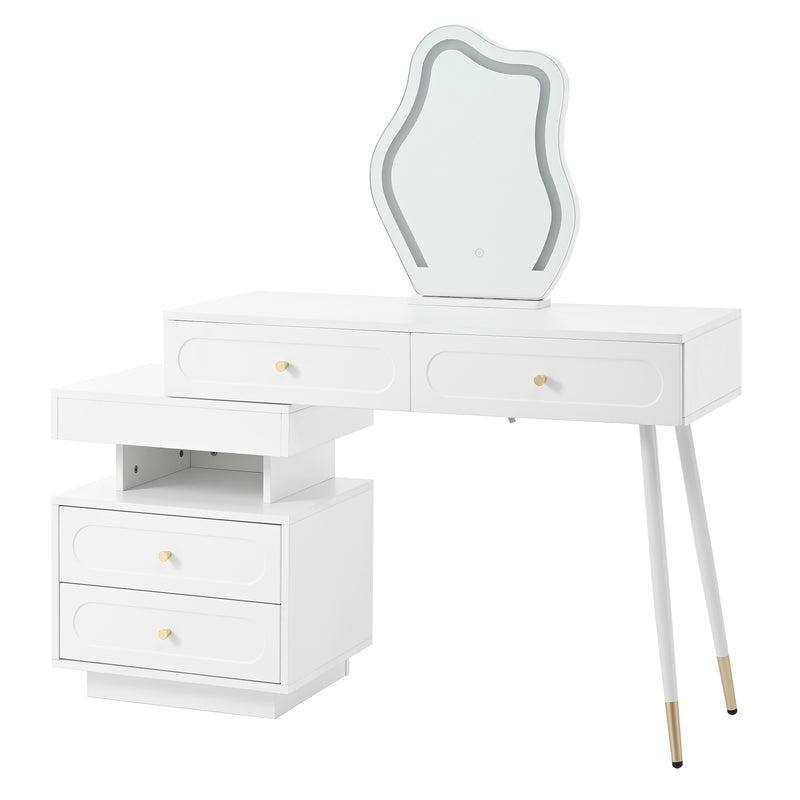 Coiffeuse modulable blanche avec miroir LED, 4 tiroirs et chevet lumineuse (sans tabouret) INNOVAT