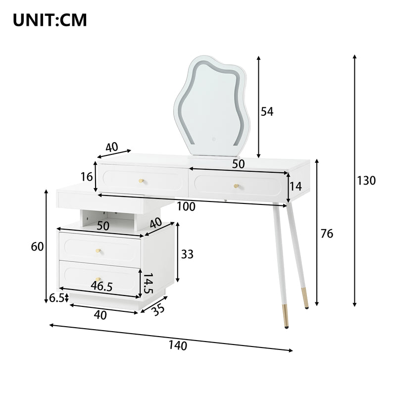 Coiffeuse modulable blanche avec miroir LED, 4 tiroirs et chevet lumineuse (sans tabouret) INNOVAT