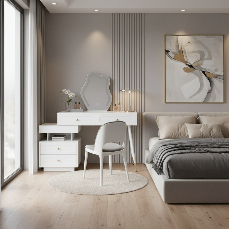 Coiffeuse modulable blanche avec miroir LED, 4 tiroirs et chevet lumineuse (sans tabouret) INNOVAT