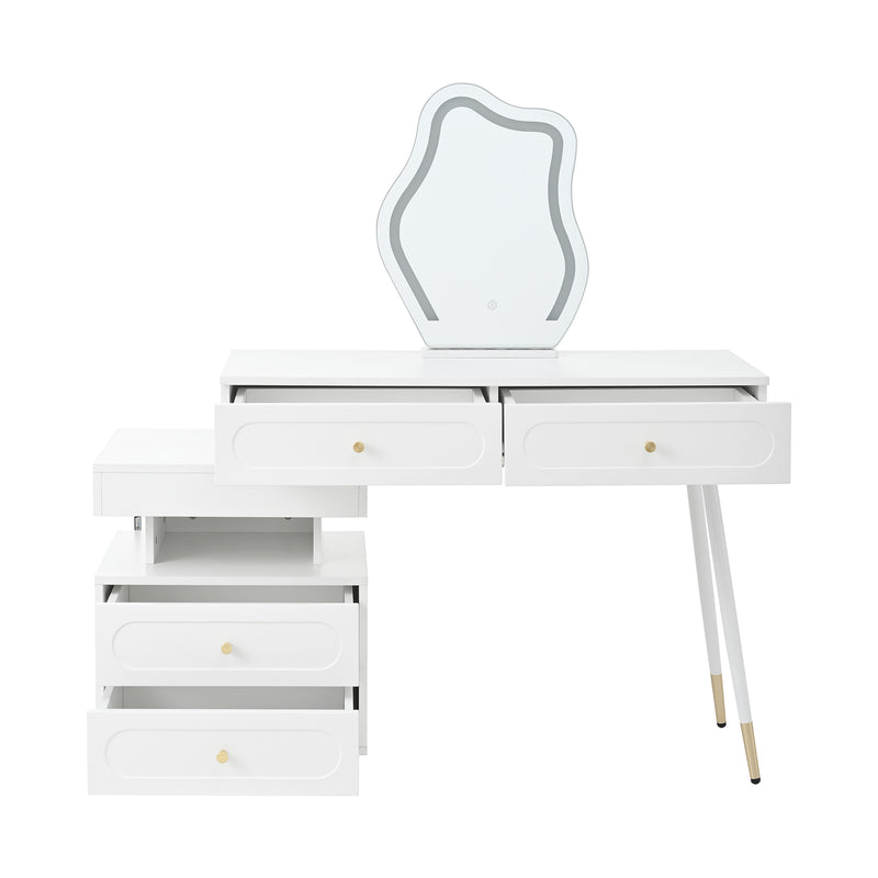 Coiffeuse modulable blanche avec miroir LED, 4 tiroirs et chevet lumineuse (sans tabouret) INNOVAT