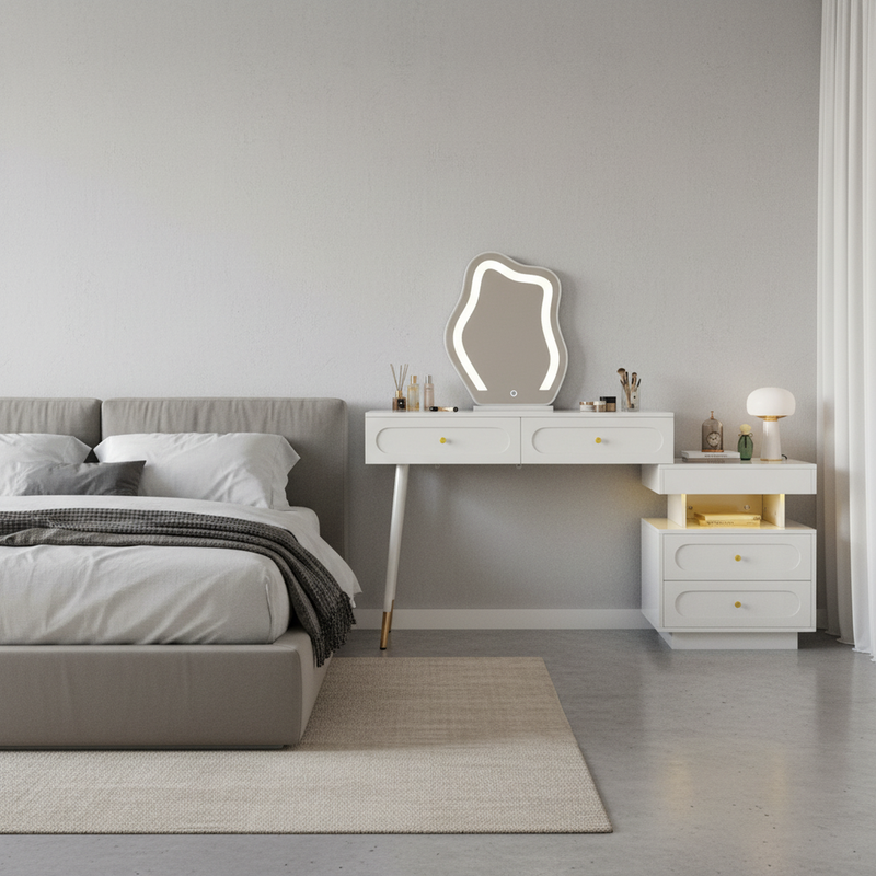 Coiffeuse modulable blanche avec miroir LED, 4 tiroirs et chevet lumineuse (sans tabouret) INNOVAT
