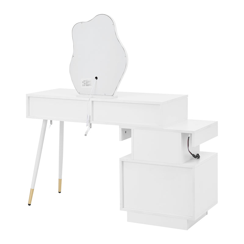 Coiffeuse modulable blanche avec miroir LED, 4 tiroirs et chevet lumineuse (sans tabouret) INNOVAT