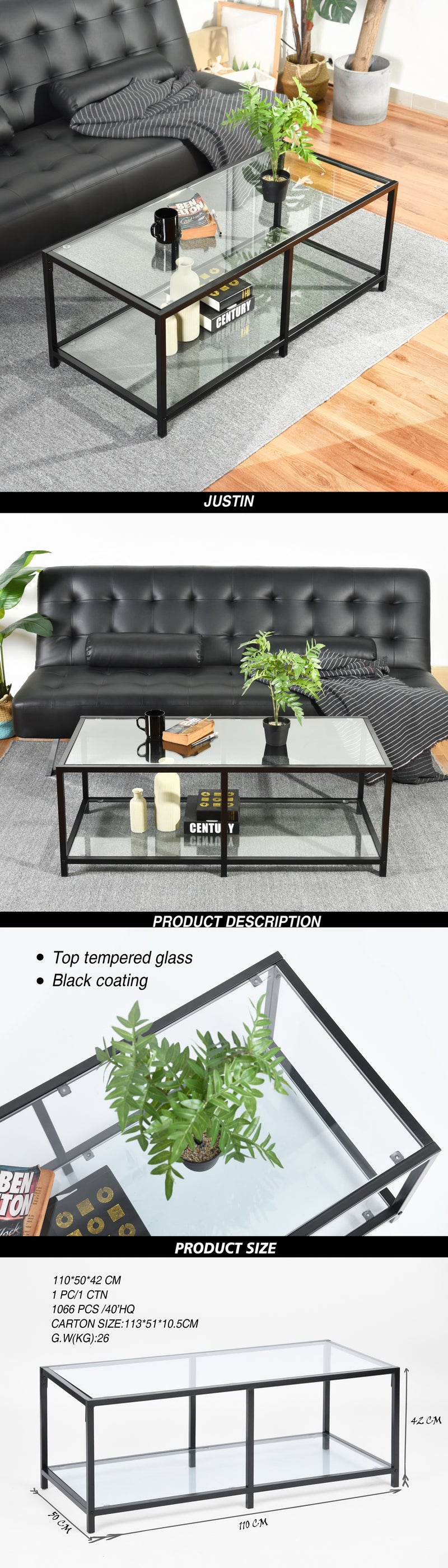 Table basse rectangulaire verre trempé transparent clair structure noir 110*50 JUSTIN A
