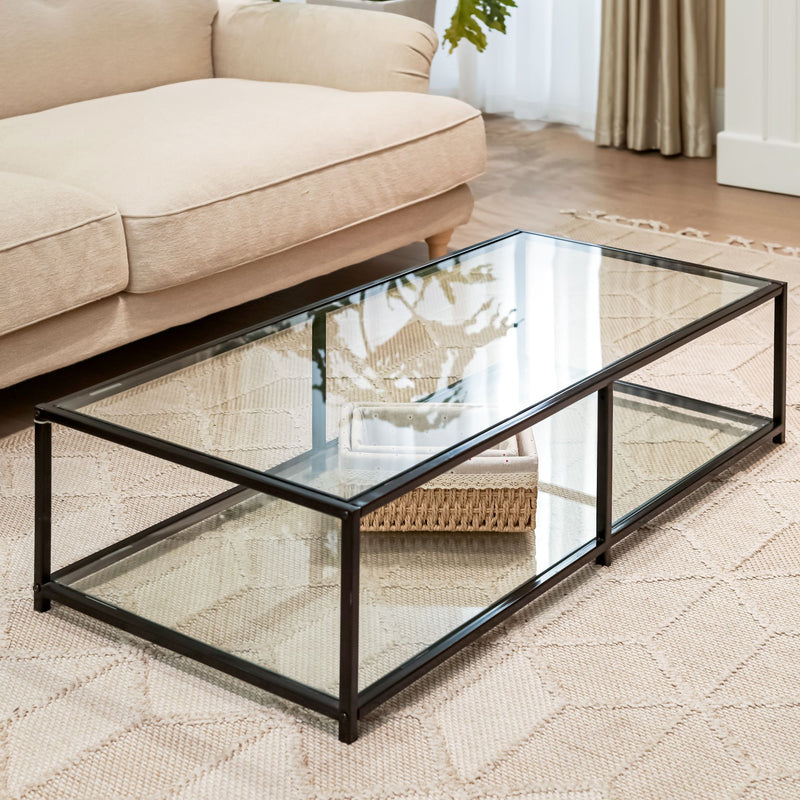 Table basse rectangulaire verre trempé transparent clair structure noir 110*50 JUSTIN A