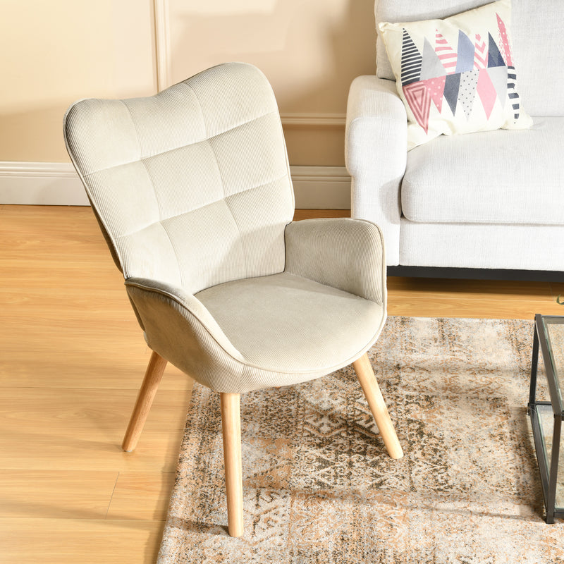 Fauteuil scandinave en velours côtelé beige pieds hêtre KANAS CORDUROY BEIGE OAK LEG