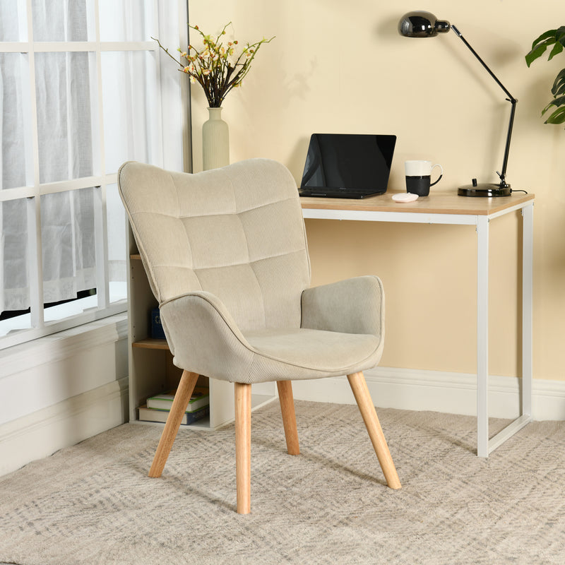 Fauteuil scandinave en velours côtelé beige pieds hêtre KANAS CORDUROY BEIGE OAK LEG