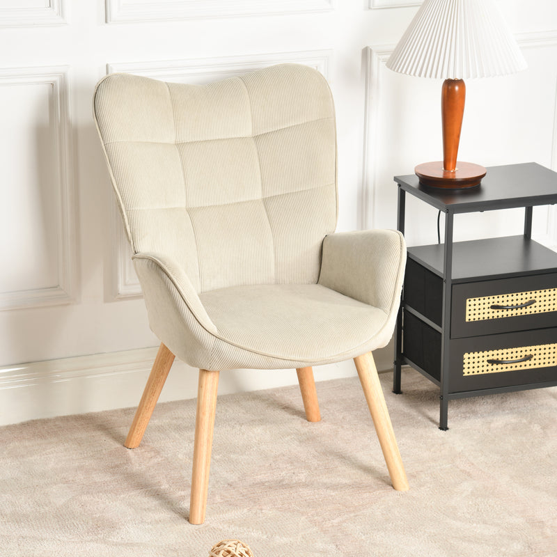 Fauteuil scandinave en velours côtelé beige pieds hêtre KANAS CORDUROY BEIGE OAK LEG