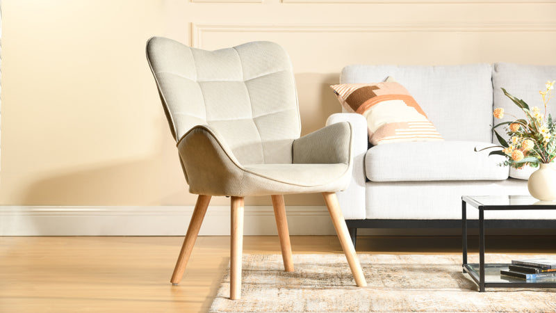 Fauteuil scandinave en velours côtelé beige pieds hêtre KANAS CORDUROY BEIGE OAK LEG