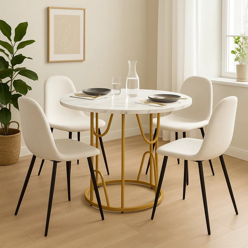 Ensemble de table à manger ronde avec plateau effet marbre blanc et 4 chaises blanches de style scandinave KHASE+CHARLTON LUMOS FABRIC BEIGE BLACK LEG