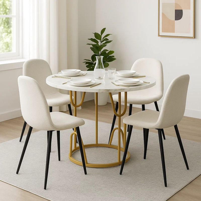 Ensemble de table à manger ronde avec plateau effet marbre blanc et 4 chaises blanches de style scandinave KHASE+CHARLTON LUMOS FABRIC BEIGE BLACK LEG