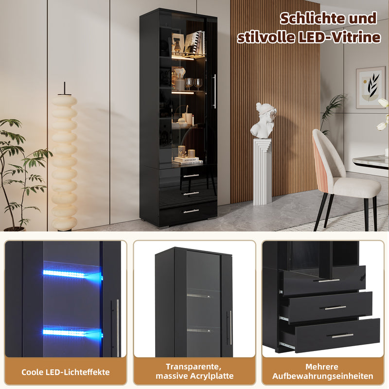 Vitrine haute noire éclairage LED grande porte 3 titoirs KARCILS