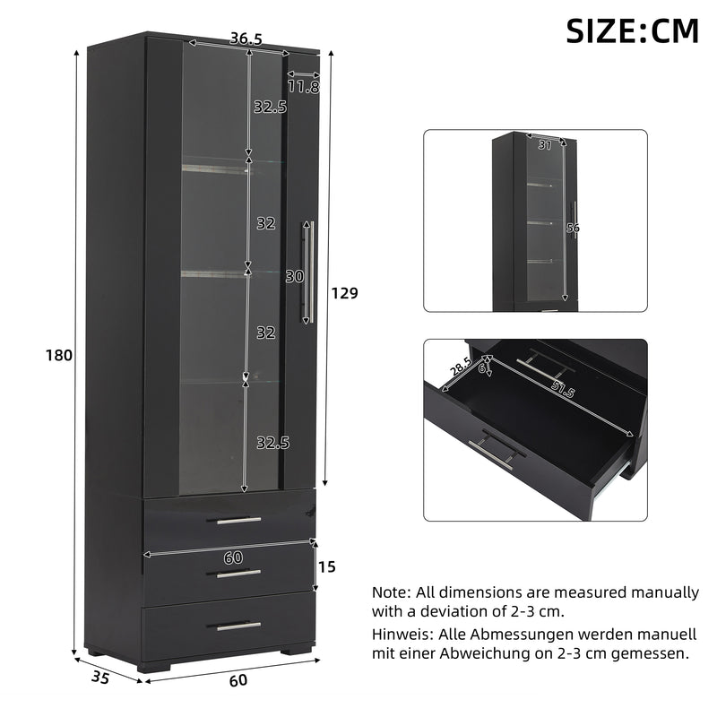 Vitrine haute noire éclairage LED grande porte 3 titoirs KARCILS