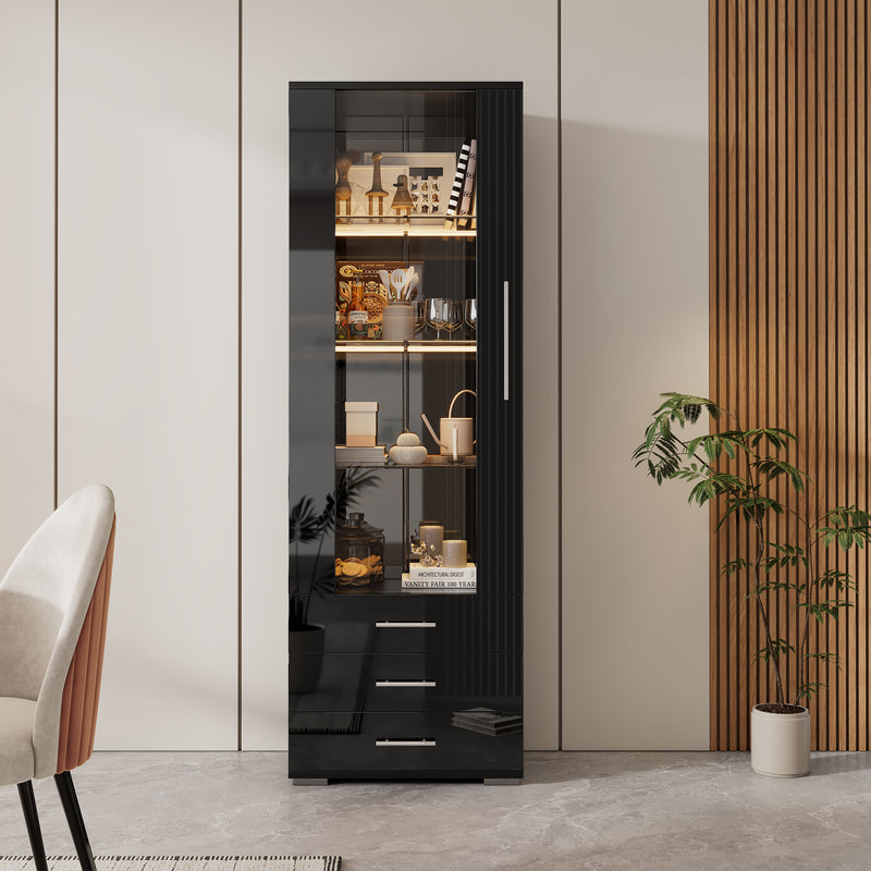 Vitrine haute noire éclairage LED grande porte 3 titoirs KARCILS