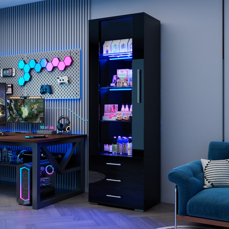 Vitrine haute noire éclairage LED grande porte 3 titoirs KARCILS