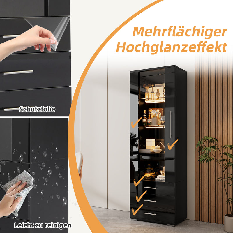 Vitrine haute noire éclairage LED grande porte 3 titoirs KARCILS