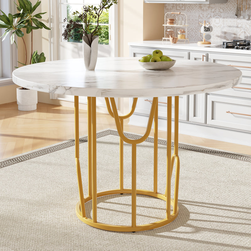 Table de salle à manger ronde effet marbre blanc piètement métallique doré KHASE
