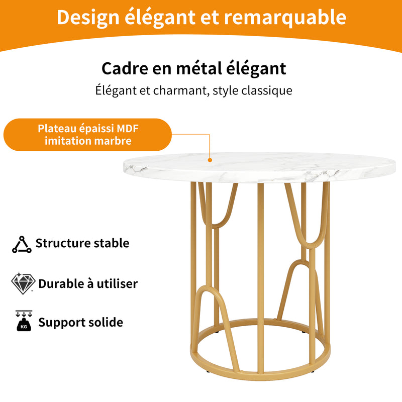 Ensemble de table à manger ronde avec plateau effet marbre blanc et 4 chaises blanches de style scandinave KHASE+CHARLTON LUMOS FABRIC BEIGE BLACK LEG