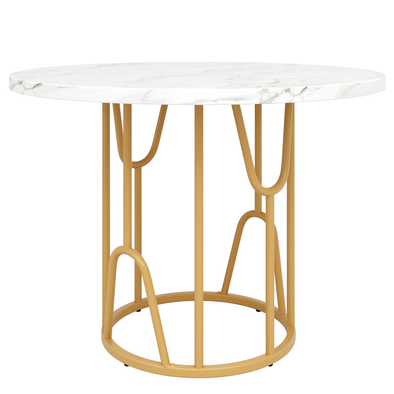 Table de salle à manger ronde effet marbre blanc piètement métallique doré KHASE