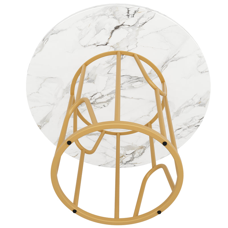 Table de salle à manger ronde effet marbre blanc piètement métallique doré KHASE