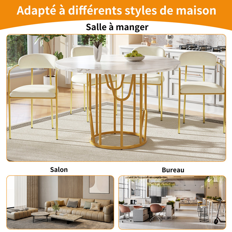 Ensemble de table à manger ronde avec plateau effet marbre blanc et 4 chaises blanches de style scandinave KHASE+CHARLTON LUMOS FABRIC BEIGE BLACK LEG