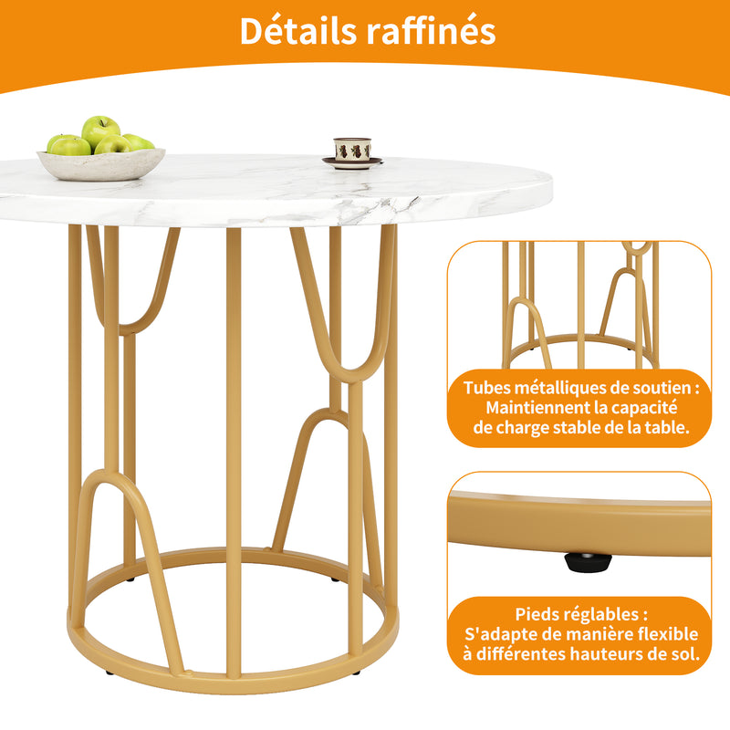 Ensemble de table à manger ronde avec plateau effet marbre blanc et 4 chaises blanches de style scandinave KHASE+CHARLTON LUMOS FABRIC BEIGE BLACK LEG